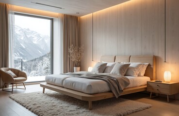 Fototapeta premium Modern scandi master bedroom interior. Light white oak wallpaper ceiling, chic natural neutral tones. Wooden bed, organic accents. Window with winter mountain landscape view. Comfortable interior