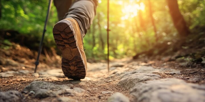 Walking on Nature Trail with Walking Stick, focus on feet.