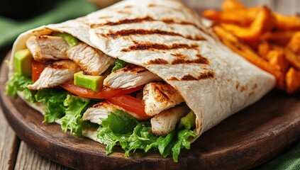 Grilled Chicken Avocado Wrap with Sweet Potato Fries
