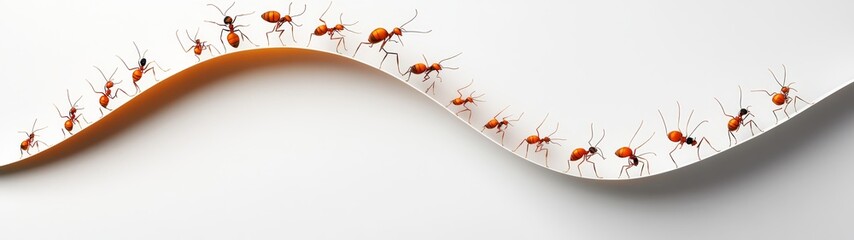 Ants Walking Along a Curved Line on a White Background
