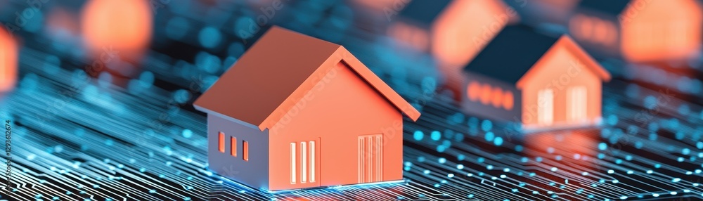 Poster a digital representation of houses on a circuit-like background, symbolizing the intersection of rea