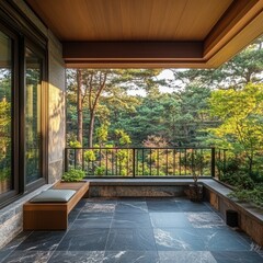 Fototapeta premium A serene outdoor balcony overlooks a lush forest landscape