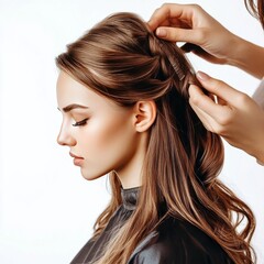 Naklejka premium Hair stylist styling brunette's hair