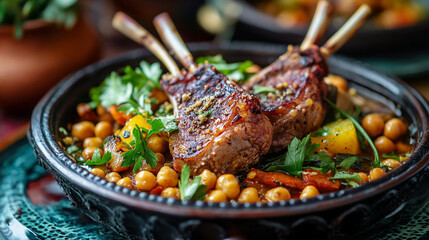 Fototapeta premium lamb chops with chickpeas and roasted vegetables food meal dish herb warm meat tasty brown