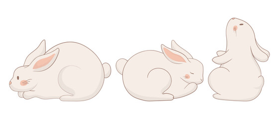 Jumping, sitting, and back-view bunny icon. One rabbit is mid-leap, another sits upright looking up, and the third is shown from behind. A playful and minimalist animal illustration