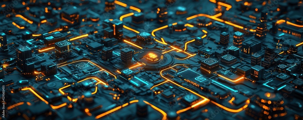 Poster a vibrant, futuristic cityscape with glowing circuitry, featuring intricate pathways and illuminated