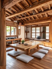 A wooden room with a large table for dining