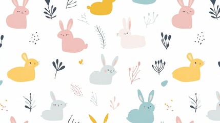 Cute Pastel Bunny Pattern with Floral Elements for Spring Design