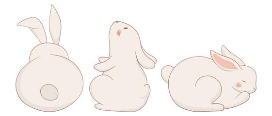 Back-view, sitting, and jumping bunny icon. One rabbit is shown from behind, another sits upright, and the third is mid-leap. A minimalist and dynamic animal illustration