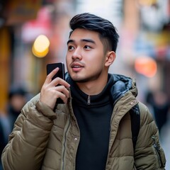 Man sends voice message on street.