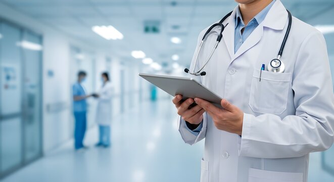 Salud y medicina. Medicina y tecnolog&iacute;a. Doctor trabajando en tableta digital en el fondo del hospital