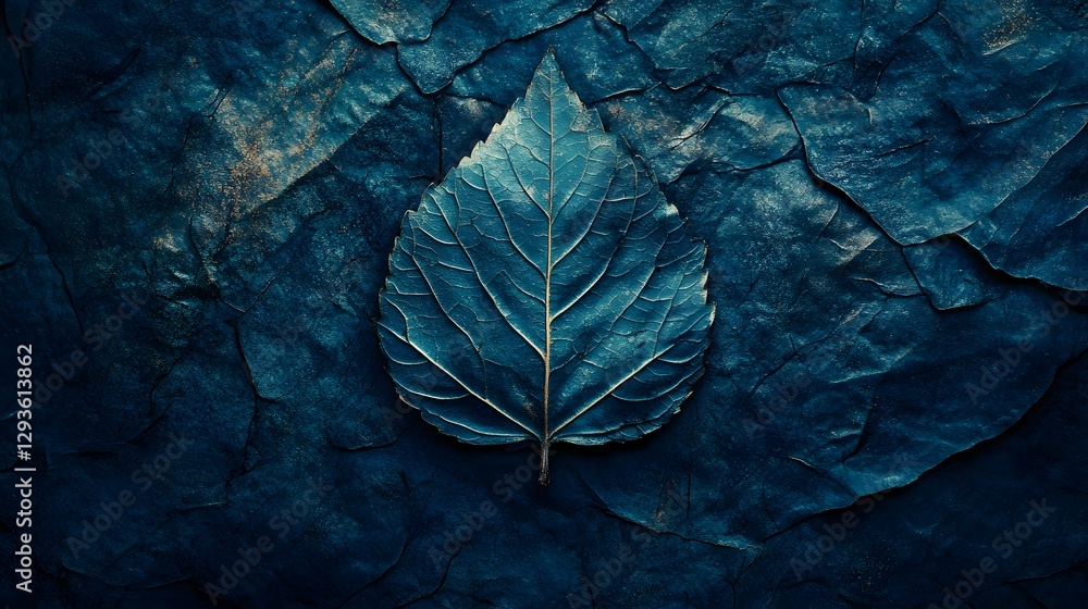 Poster a single teal leaf rests on a deep blue, textured surface. the contrast creates a visually appealing