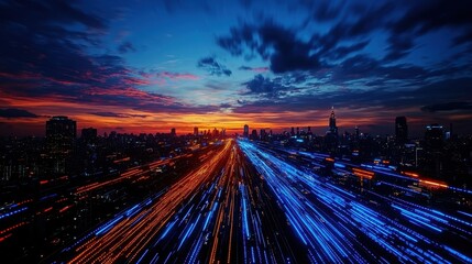Obraz premium A stunning sunset over a city skyline, showcasing vibrant streaks of orange and blue lights from moving vehicles, creating a dynamic atmosphere.