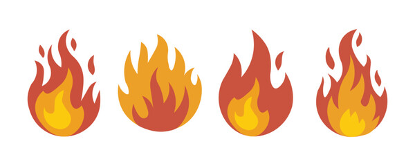 Vector bright burn flame icon set isolated on white background. Hot fire flat clipart sings collection. Burning fireball signs