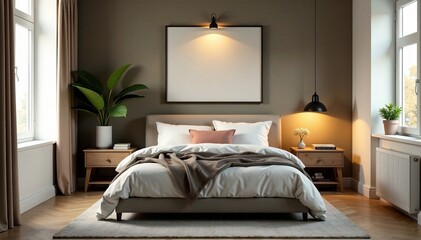 Cozy bedroom with trendy wall art and soft lighting, cozy, bedroom