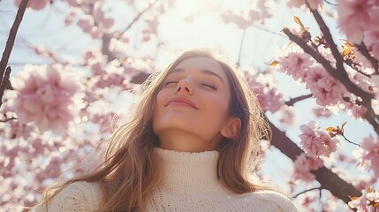 Woman enjoying spring, cherry blossoms, sunshine, park, serenity