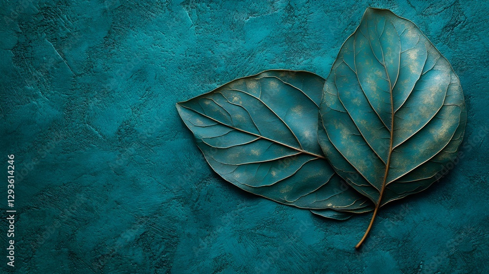 Poster Two teal-colored leaves rest on a textured background. Serenity and nature are evoked through this artistic composition. Teal Leaves on Textured Background: A Study in Serenity