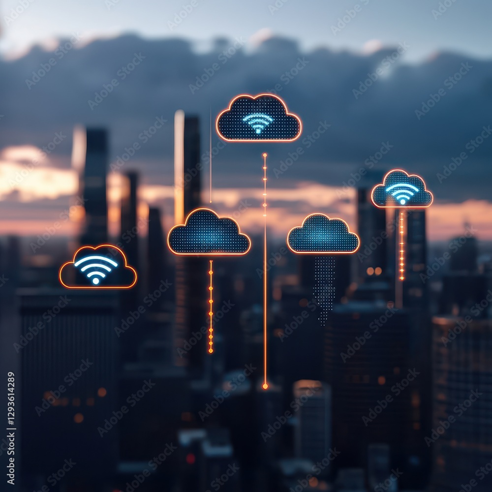 Aufkleber a digital cityscape features cloud icons with wi-fi signals, symbolizing connectivity and cloud comp