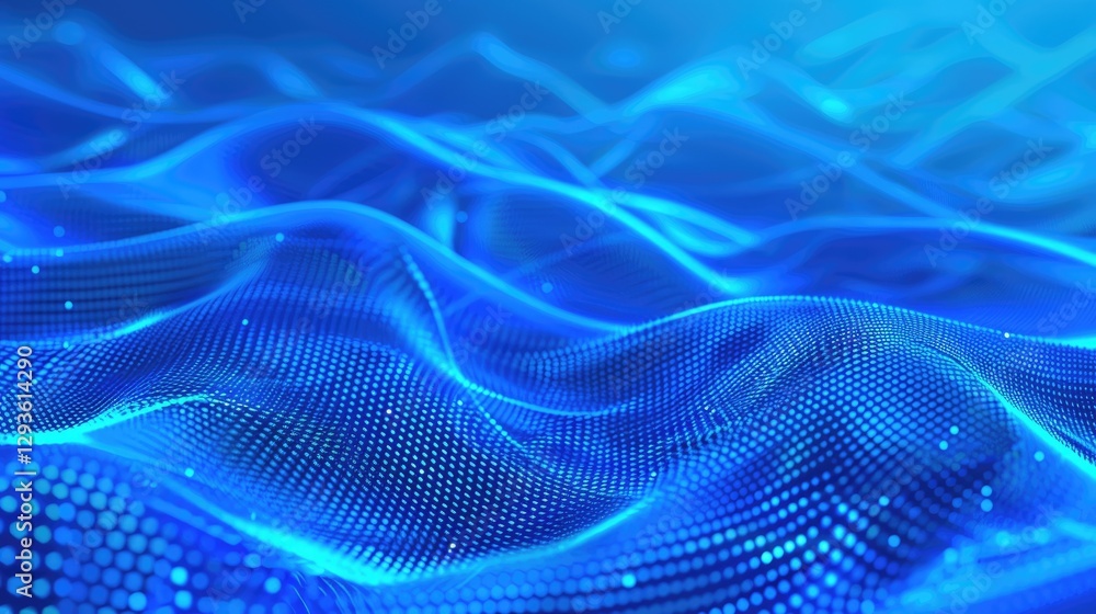 Poster this abstract image features a captivating blue wave of dots and lines, creating a fluid and modern 