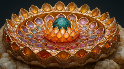 Luxurious golden ornate bowl, adorned with vibrant gemstones, cradles a mystical teal egg nestled within a radiant lotus blossom.  Symbolic of new beginnings, preciousness, and spiritual awakening.