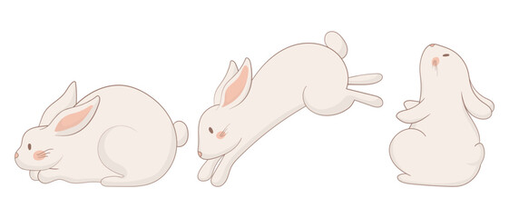 Jumping, sitting, and resting bunny icon. One rabbit is mid-leap, another sits upright looking up, and the third is lying down. A playful and balanced animal illustration