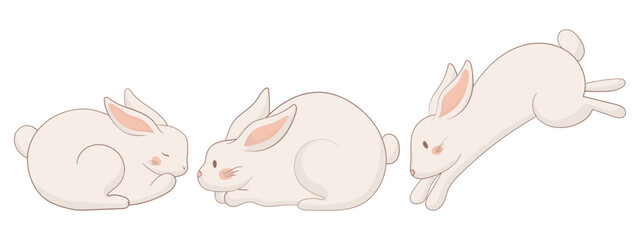 Obraz premium Sleeping, resting, and jumping bunny icon. One rabbit is curled up asleep, another lies down, and the third is mid-leap. A peaceful and dynamic animal illustration