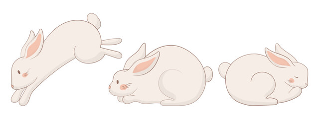 Resting, jumping, and sitting bunny icon. One rabbit lies down, another is mid-leap, and the third sits upright looking up. A charming and minimalistic animal illustration