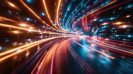 Explore a stunning visual of vivid light trails creating a dynamic motion blur effect. This colorful abstract composition captures energy and speed beautifully.