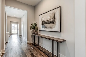 Fototapeta premium Modern Hallway Interior with Gray Walls and Dark Wood Floors