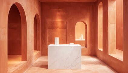 Warm terracotta room with sleek marble podium for minimalist display.