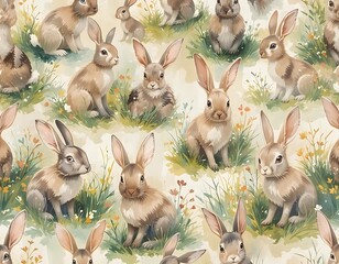 Adorable Bunnies in a Spring Meadow: A Whimsical Watercolor Painting