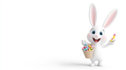 Obraz premium Cheerful Cartoon Bunny Holding Basket Full of Colorful Eggs