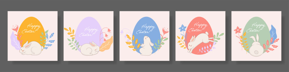 Easter card with a sitting bunny, colorful flowers, and a blue egg background. Delicate and charming holiday-themed illustration with soft pastel hues