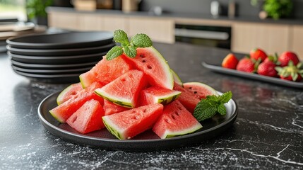 Fresh watermelon slices on black plate, kitchen countertop