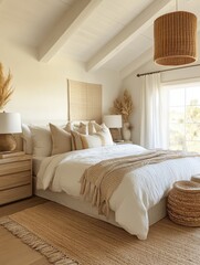 Cozy bedroom with a textured rug featuring the bed and decor