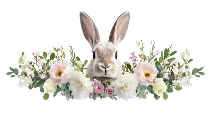 Obraz premium Cute Rabbit Surrounded by Delicate Floral Arrangement and Greenery