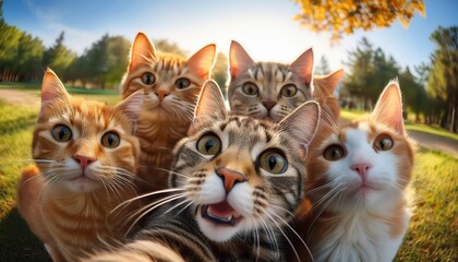 Playful Feline Friends Strike a Pose in a Blossoming Park, Amidst the Cheerful Atmosphere of Springtime, Showcasing a Whimsical Bond between Mans Best Friend and Nature.