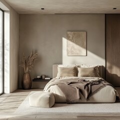 A minimalist bedroom featuring a bed and a footstool