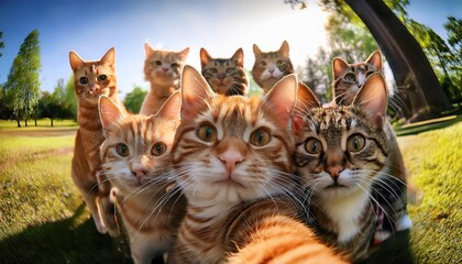 Playful Feline Trio Capturing Their Best Selfie Against the Backdrop of a Lush, Blossoming Urban Park, Under a Starlit Canopy at Dusk.