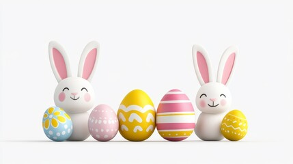 Obraz premium Cute Cartoon Bunnies with Colorful Easter Eggs on White Background