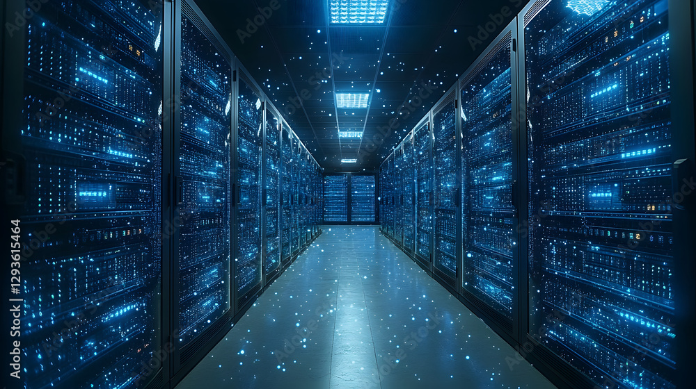 Poster data center: a futuristic view of a server room bathed in cool blue light, with rows of powerful ser