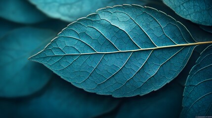 Obraz premium A stunning close-up shot of a teal leaf, showcasing its intricate veins and textures. A perfect example of nature's artistry. Teal Leaf Macro Photography: Nature's Intricate Beauty