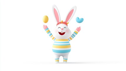 Cheerful cartoon rabbit with colorful stripes celebrating joyfully