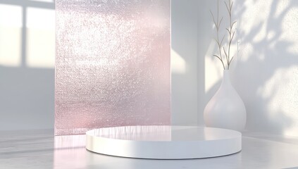 Modern architectural setting with white podium, pink glass.
