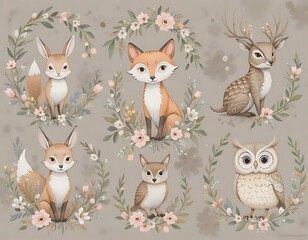 Naklejka premium Charming Woodland Creatures: A Delicate Watercolor Print