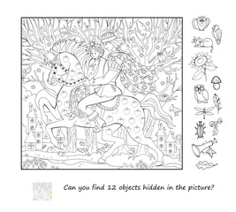 Can you find 12 objects hidden in the picture? Logic puzzle game. Illustration of a prince and princess riding in a fairy tale forest. Brain teaser book. Coloring book. Black and white vector drawing