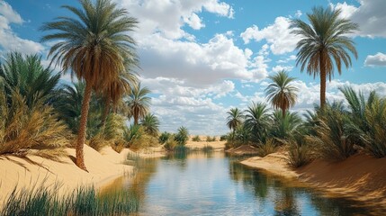 Desert Oases with Palm Trees, Fresh Water, and Expansive Sands  Perfect for desert adventure  focusing on rare desert water sources and lush pockets of life