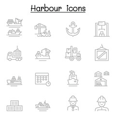 Port icon set in thin line style