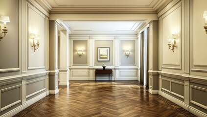 Wood-paneled flooring and double color walls in a modern classic design.