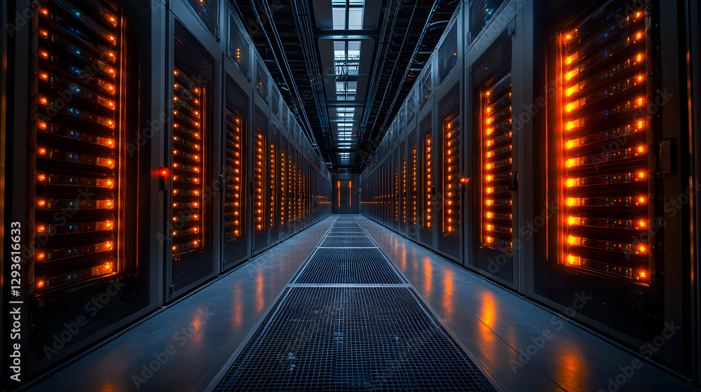 Poster cyber fortress: the image unveils an expansive server room, with a seemingly endless row of glowing 